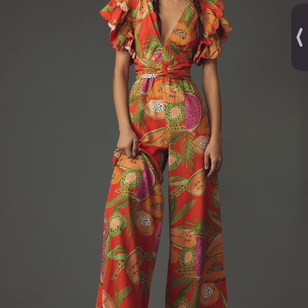 FARM Rio Orange Tropical Fruit Print Wide-Leg Jumpsuit with Ruffle Sleeves